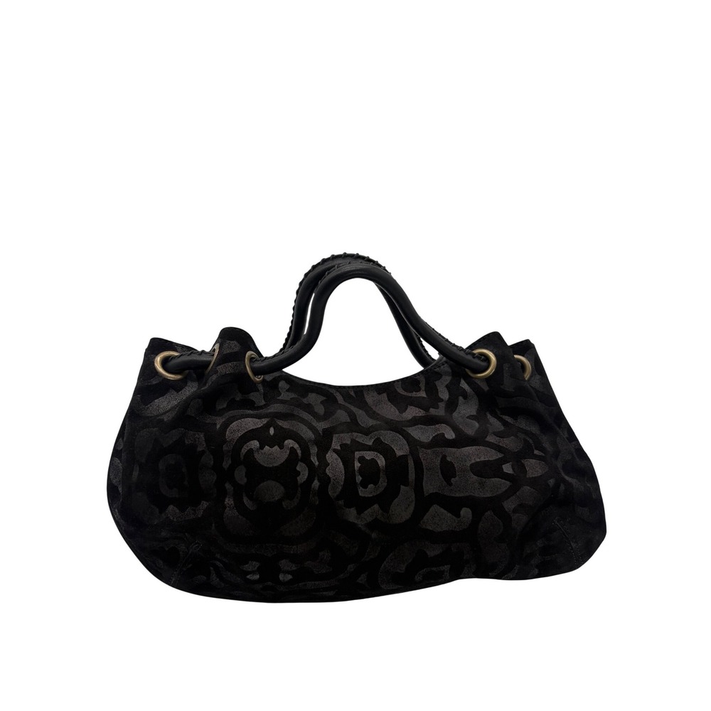 Cole Haan Black Suede Embossed‎ Floral Damask Handbag Braided Leather Handle